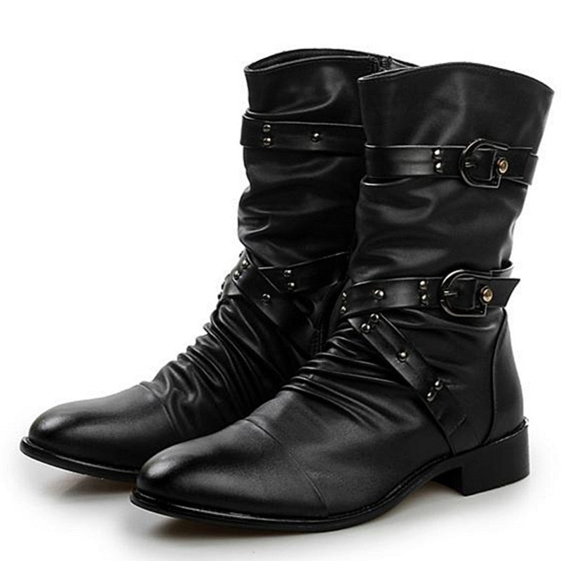 Riolio Men's Leather Boots High Quality Biker Boots Black Punk Rock Shoes Men's Women's Tall Boots Size 38--48