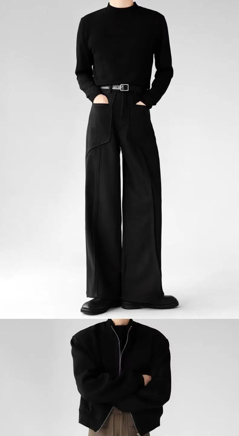 Riolio Korean Elegant Pants Fake Pocket Decoration Wide-leg Pants Autumn New American Style Design Sense Spliced Straight Suit Trousers