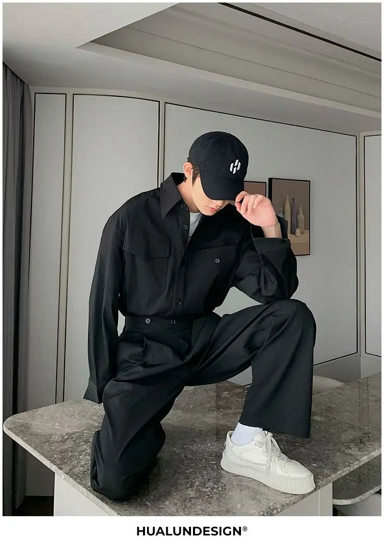Riolio Men's Shirt Pants Set High-end Shirt Suit Trendy Spring Handsome Long-sleeved Top Loose Straight Trousers Two-piece Set