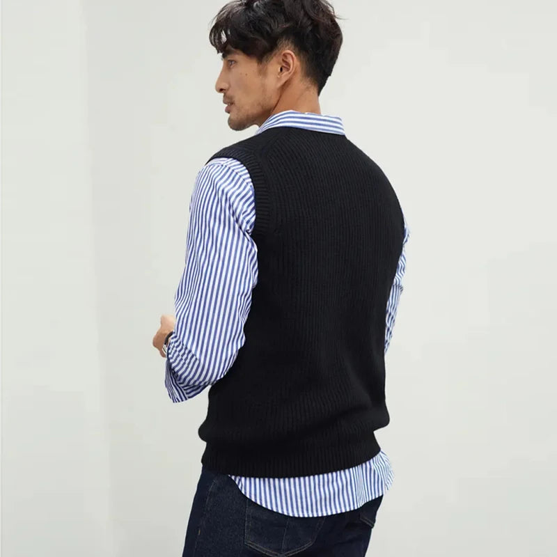 Riolio New Popular Preppy Style Men Sweater Vest Casual Knitted Streetwear Solid Color V Neck Waistcoat Leisure High Quality Knitwear