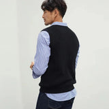 Riolio New Popular Preppy Style Men Sweater Vest Casual Knitted Streetwear Solid Color V Neck Waistcoat Leisure High Quality Knitwear