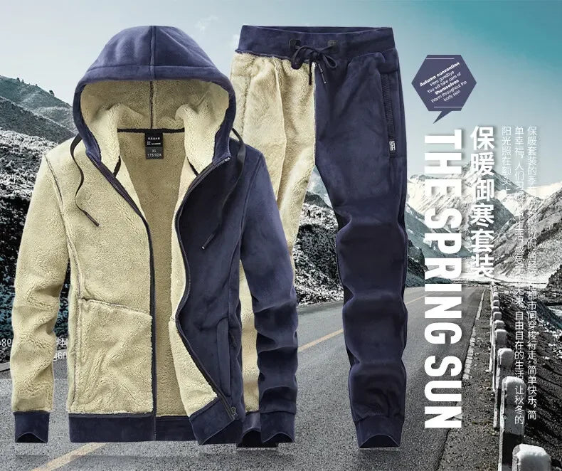 Riolio Hooded Sweat shirt+Pant 2-piece Sets Men Set Sports Suit Fleece Thickened Sportswear Casual Men Tracksuit Winter male Tracksuit