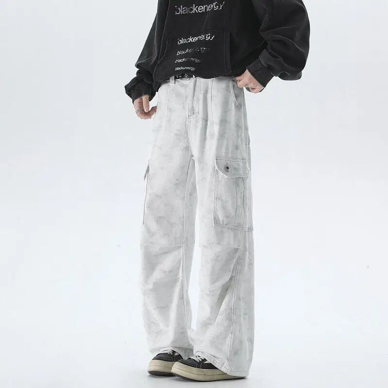 Riolio Vintage Tie dye Men's Baggy Denim Trousers White New Streetwear Wide Leg Loose Denim Pants Fashion Straight Gargo Pants