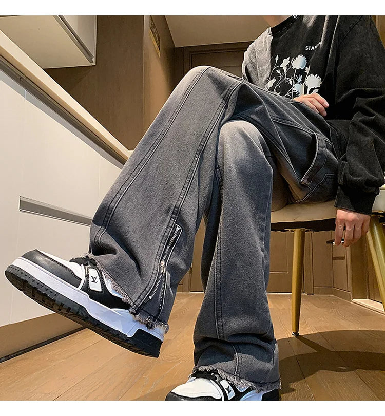 Riolio Men's jeans fashion Side Zipper Pants New Fashion men streetwear Jeans Loose Straight Denim Pant Mens  jeans homme hip hop