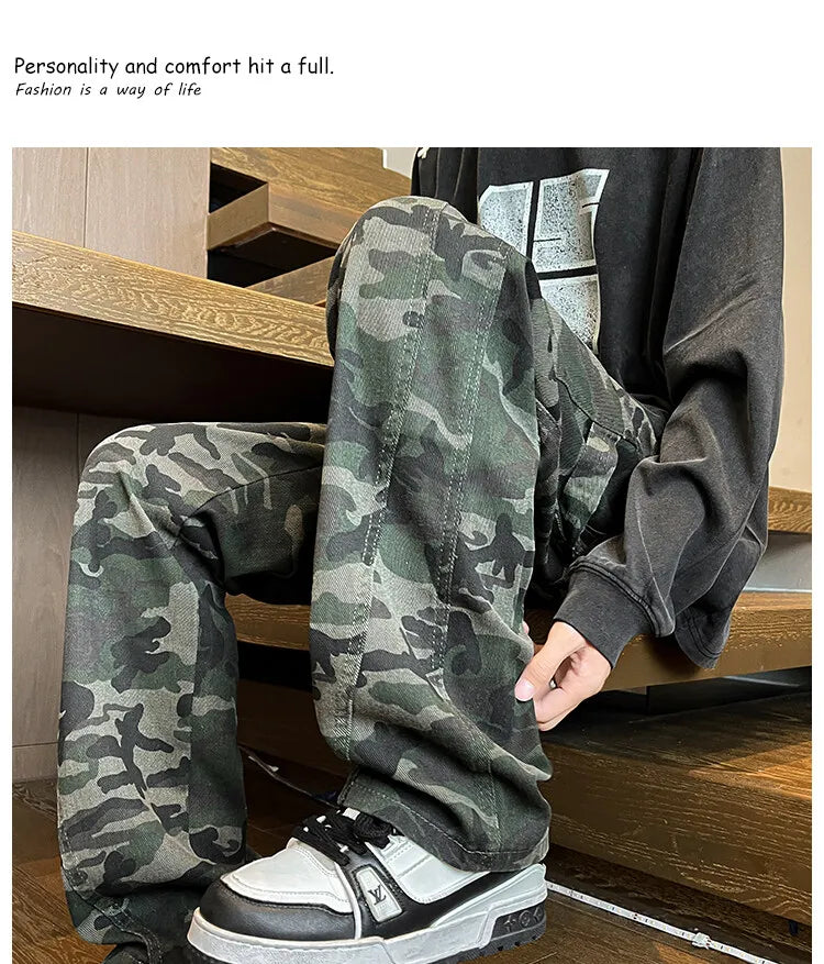 Riolio camouflage Jeans Men straight Pants patchwork male jean Fit Patchwork Streetwear Men's Trousers Denim Large size Hip Hop
