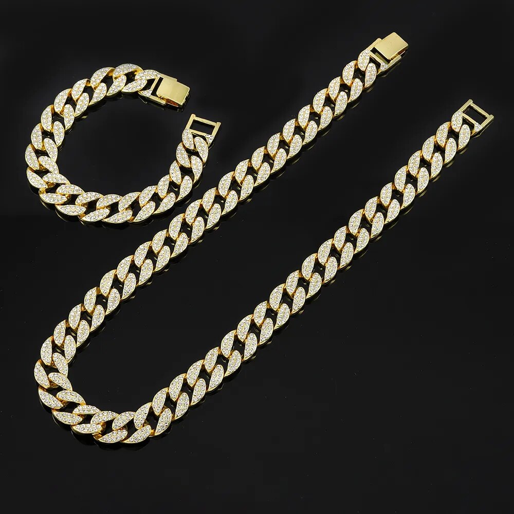 Riolio Miami Cuban Link Chain Iced Out 8/18/20/24 Length Necklace Bracelet 16mm Wide Bling Gold Silver Color Trendy Jewelry Men Women