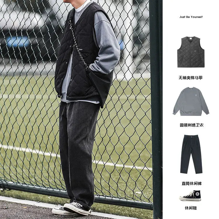 Riolio Cotton-layered Fashionable Vest Men with Autumn Winter Simple Casual Light Heated Inner Vest Cardigan Work Vest Top Aesthetic