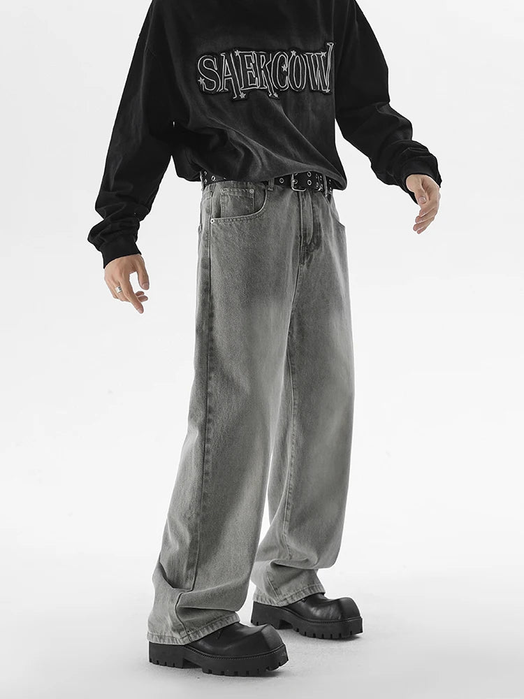 Riolio Autumn New Men's Fashion Baggy Jeans Gray Vintage High Street Wide Legs Denim Trousers Male Casual Straight Pants Streetwear