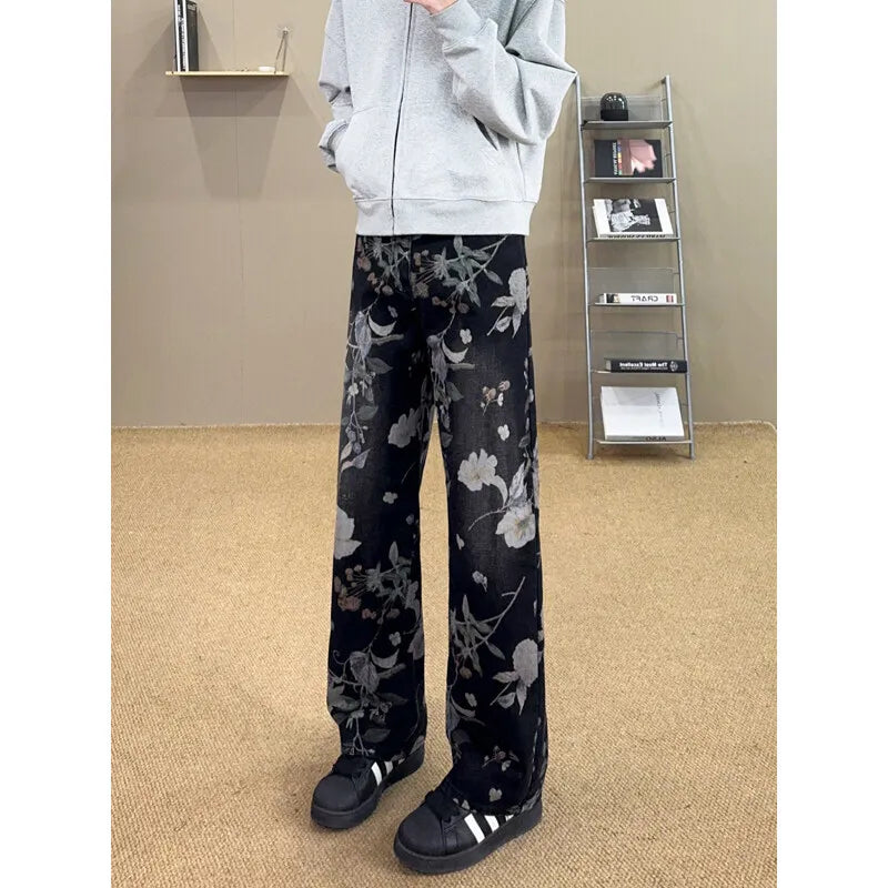 Riolio Flower Jeans Men Fashion Retro Printed Jeans Men Streetwear Hip-hop Loose Straight Jeans Men Baggy Vintage Denim Trousers