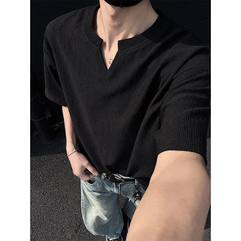 Riolio Summer Short Sleeved T-shirt Men Casual V-neck T Shirt Men Streetwear Korean Loose Pleated T Shirt Mens Top Large Size 5XL