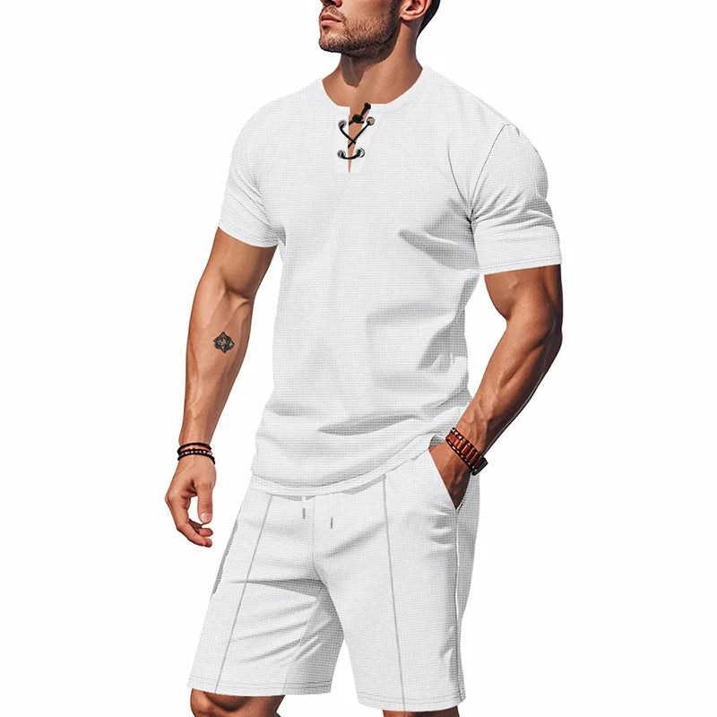 Riolio 2025 Summer Simplicity Men's Suit Loose Walf Checks Fabric Breathable Comfort and Casual Short Sleeve Shorts Two-Piece Suit
