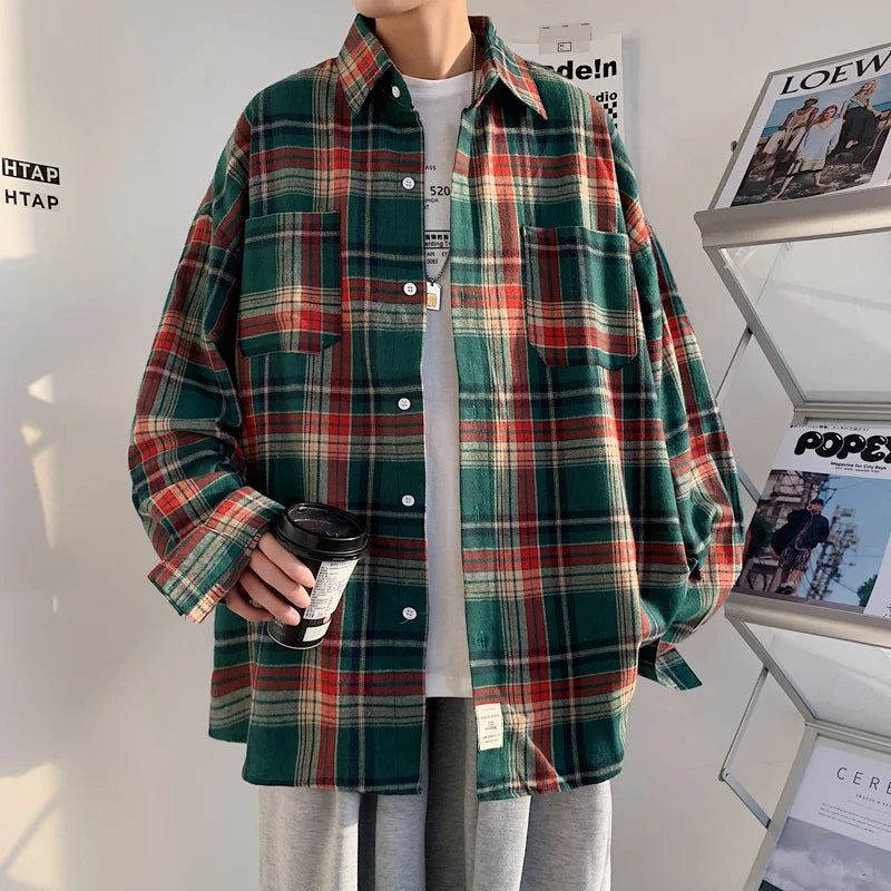 Riolio Autumn Long Sleeved Shirt Men Fashion Oversized Plaid Shirt Men Streetwear Korean Loose Casual Shirts Mens Large Size M-5XL