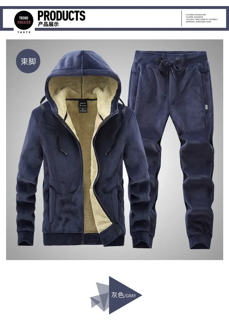 Riolio Hooded Sweat shirt+Pant 2-piece Sets Men Set Sports Suit Fleece Thickened Sportswear Casual Men Tracksuit Winter male Tracksuit