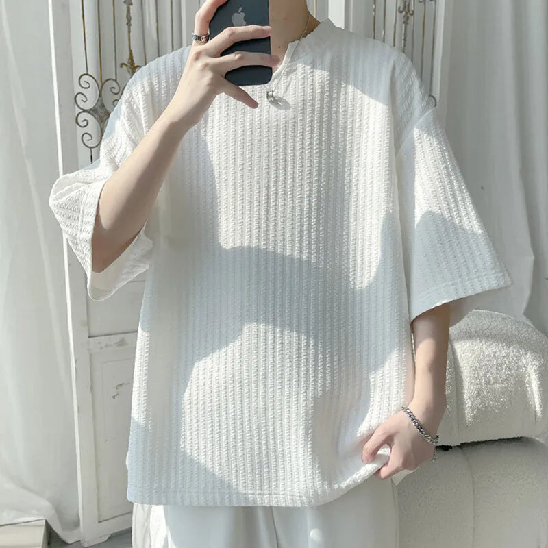 Riolio Summer Short Sleeved T-shirt Men Casual Pleated T Shirt Men Streetwear Hip-hop Loose Striped T Shirt Mens Top Plus Size 5XL