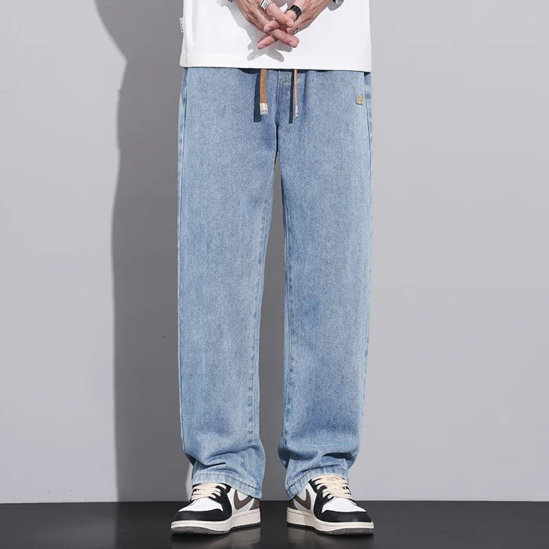Riolio Men Dark Blue Blue Stretch Elastic Waist Denim Pants Streetwear Loose Full Length Trousers Straight Wide Leg Drawstring Jeans