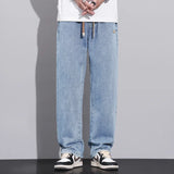 Riolio Men Dark Blue Blue Stretch Elastic Waist Denim Pants Streetwear Loose Full Length Trousers Straight Wide Leg Drawstring Jeans