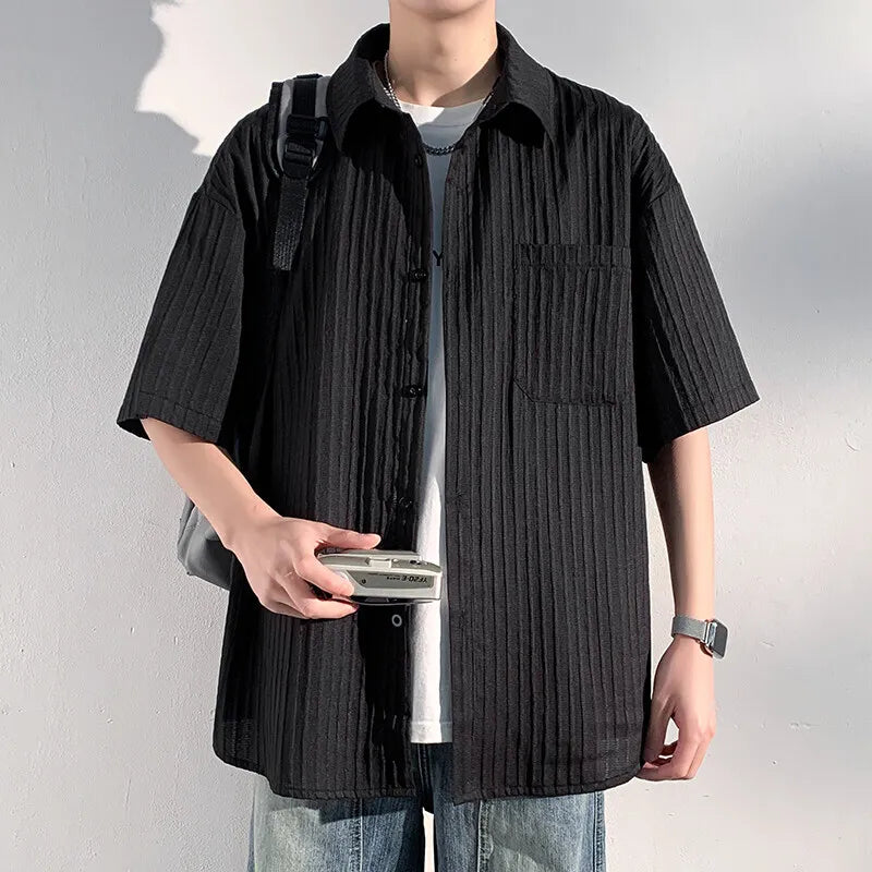 Riolio Summer Short Sleeved Shirt Men Black White Casual Shirts Men Streetwear Loose Pleated Shirts Man Fashion Shirt Large Size 5XL