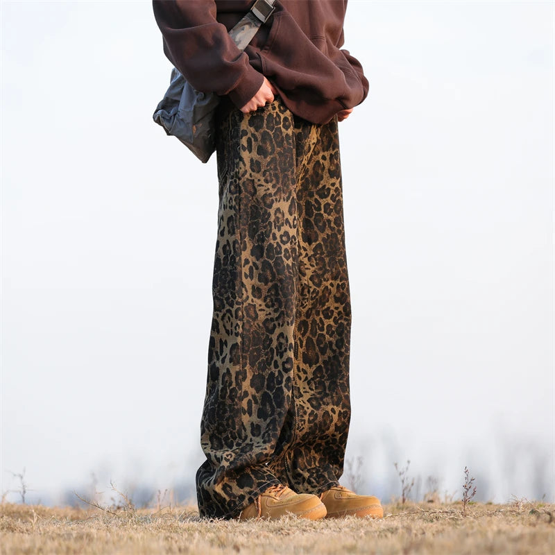 Riolio Leopard Print Jeans Men Fashion Retro Wide Leg Jeans Men Streetwear Hip-hop Loose Straight Jeans Mens Vintage Denim Trousers