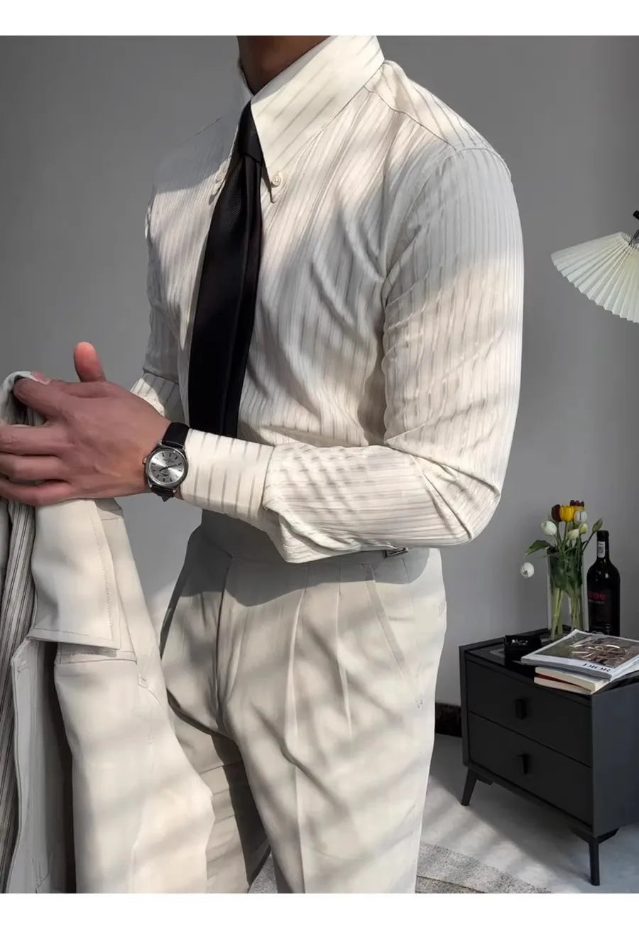 Riolio New Italy Business Men Shirts Light Luxury Textured Peaked Lapel Striped Long Sleeve Cardigan Leisure High Quality Blouse M-2XL