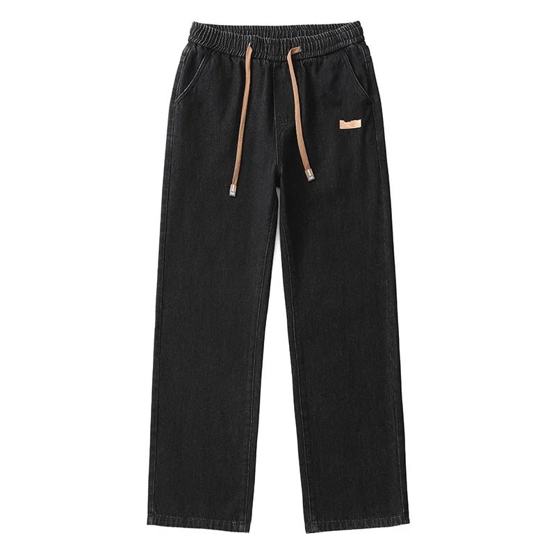 Riolio Men Dark Blue Blue Stretch Elastic Waist Denim Pants Streetwear Loose Full Length Trousers Straight Wide Leg Drawstring Jeans