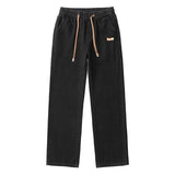 Riolio Men Dark Blue Blue Stretch Elastic Waist Denim Pants Streetwear Loose Full Length Trousers Straight Wide Leg Drawstring Jeans