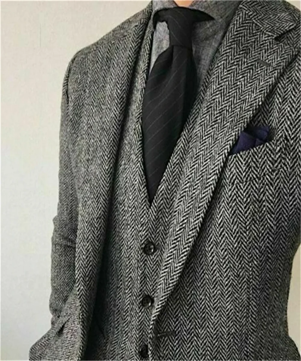 Riolio Regular Brown Mens Suits Slim Fit Herringbone Tweed Wool Blend Check Wedding Tuxedos Classic 3 Pieces Trajes De Hombre Blazer