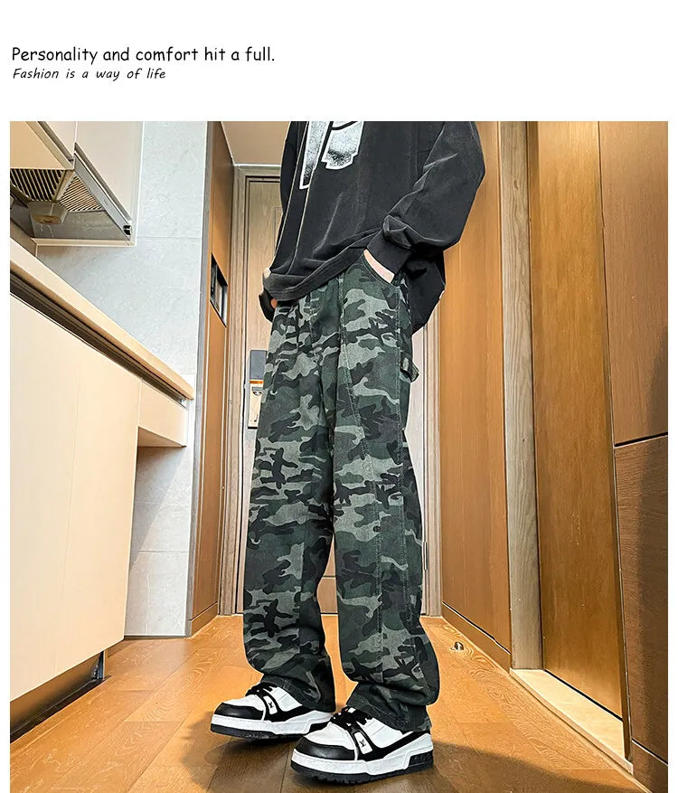 Riolio camouflage Jeans Men straight Pants patchwork male jean Fit Patchwork Streetwear Men's Trousers Denim Large size Hip Hop