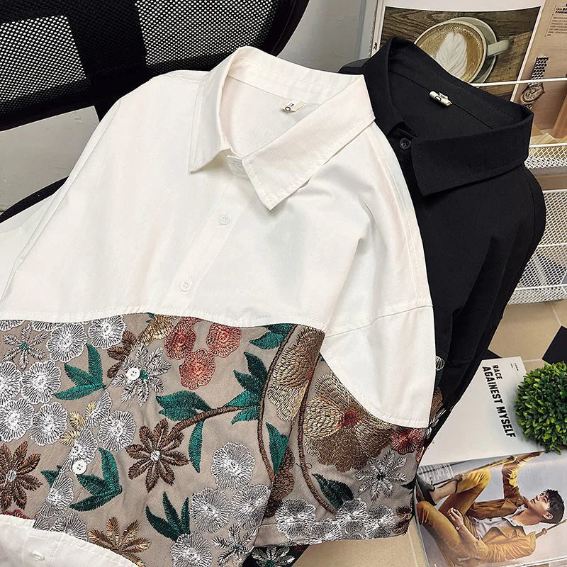 Riolio Summer Embroidered Shirts Men Fashion Casual Flower Shirts Mens Japanese Streetwear Loose Short Sleeve Shirts Men Plus Size