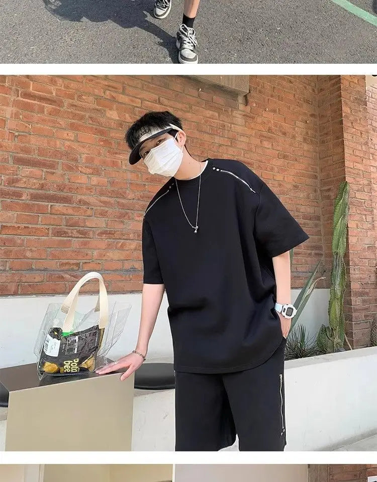 Riolio American Heavy Double Zipper Sports Suit Men's Summer Trendy Design Handsome Short-sleeved Shorts Casual Two-piece Set Urban