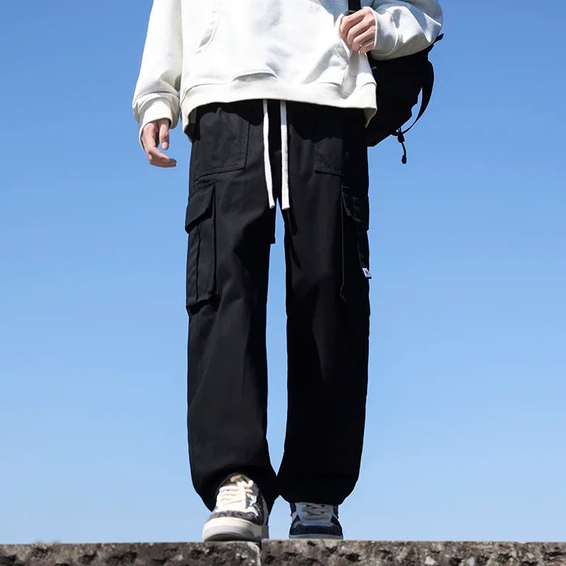 Riolio 6 Colors Men's 100% Cotton Cargo Casual Pants Baggy Straight Elastic Waist Comfortable Trousers Fashion Streetwear Male Clothes