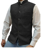 Riolio Mens Suits Blazers Suit Vest Brown Herringbone Wool Tweed Standup Collar Slim Fit Waistcoat Groom Costumes Clothing For Men Wedd