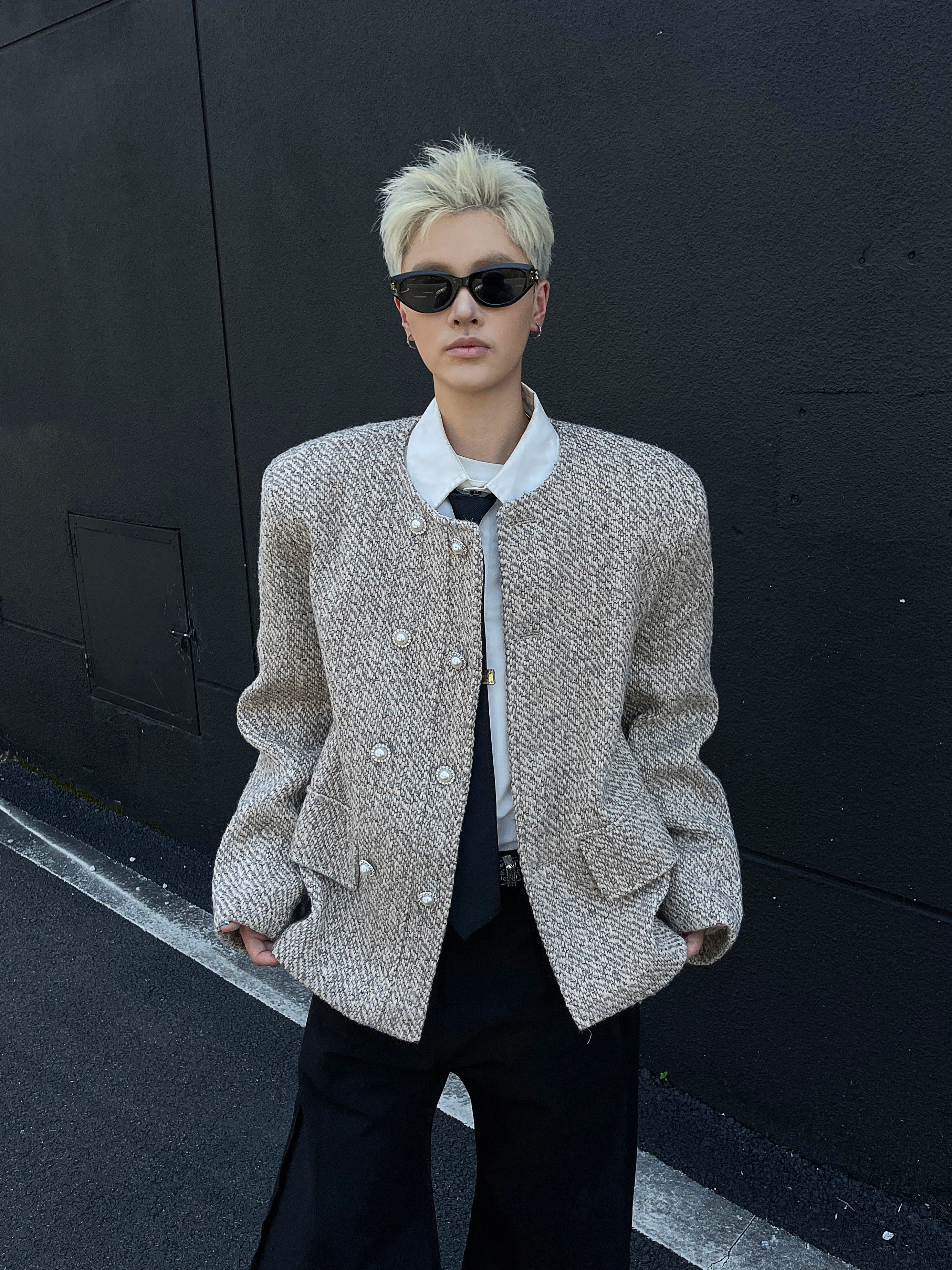 Riolio Male Elegant O-neck Blazer Coat High-end Shoulder Pad Collarless Jacket American Autumn Button Short Suit Jacket Handsome Top