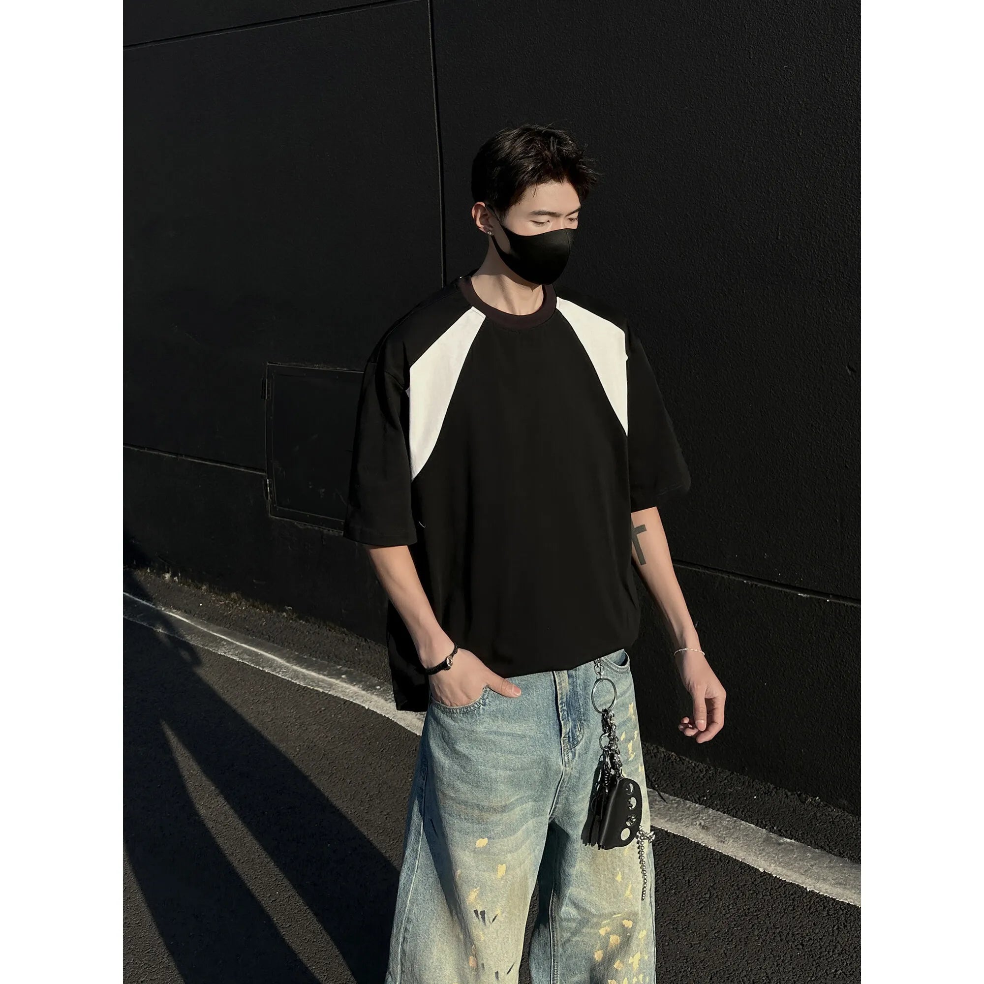 Riolio Mens Breathable Cotton Tshirt man Soft Summer Casual Slim Fit Contrast Panel Simpl Design Streetwear Fashion Tee Line Texture