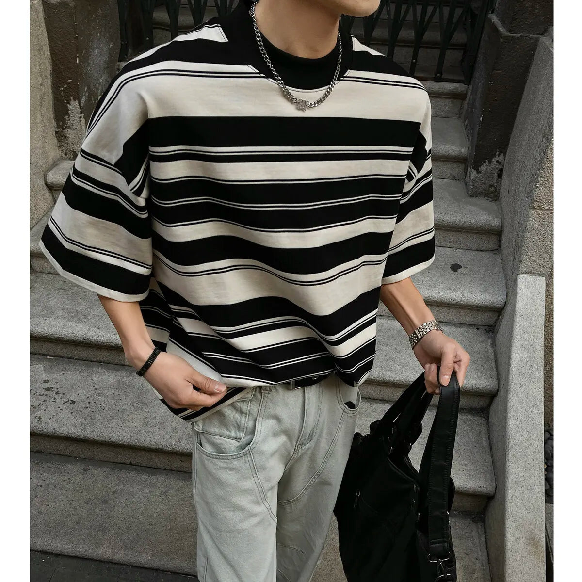 Riolio Men Black White Stripe Tshirt Man Loose Fit O Neck Casual Streetwear Fashion Soft Cotton Relaxed Summer Tee Shirt Striped Top