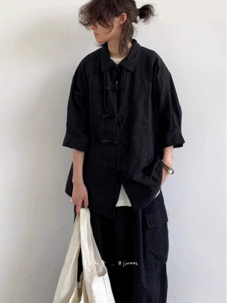 Riolio New Summer New Chinese Style Retro Tang Suit Solid Color Short-sleeved Shirt Men Women Casual Loose Buttoned Chinese Style Shirt