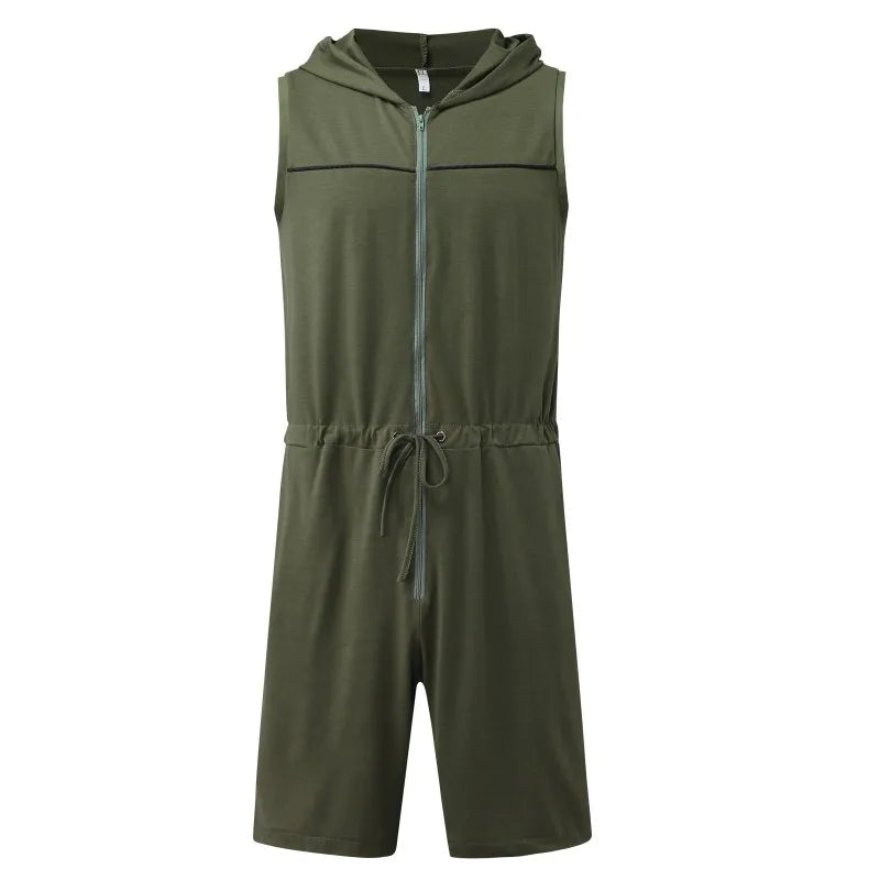 Riolio Men Short Jumpsuit Tight Sleeveless Bodysuit Zipper Hooded Rompers Short Pants Casual Home Wear Tracksuit Pajamas