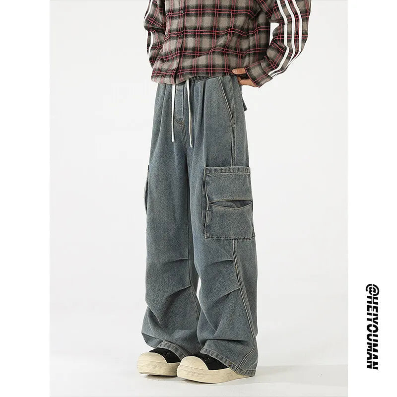 Riolio Loose straight Jeans Men Denim Cargo Pants Wash Solid Color Multi Pockets Casual Mid Waist Trousers Unisex Daily Wear Joggers