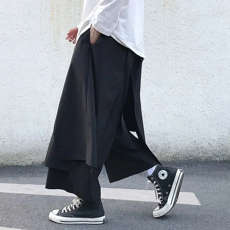 Riolio Fake Two-Piece Pants Men Male New Loose Wide-Leg Trousers Casual Straight Streetwear Spring Autumn Hip-Hop Pantalons Capris