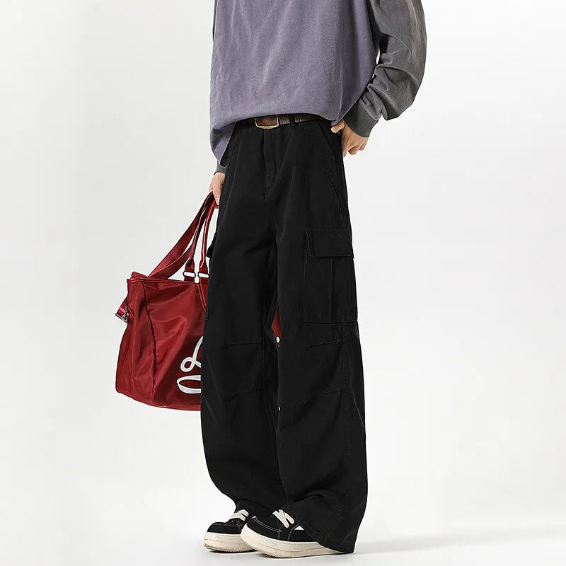 Riolio Mens Workwear Cargo Jeans Straight Loose Fit Patchwork Design Denim Pants Casual Outdoor Streetwear Tactical Utility Clothing