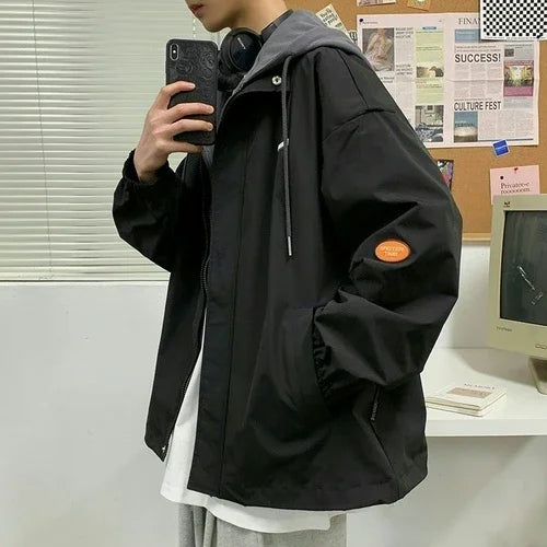Riolio Hooded Cargo Jackets Men Autumn Fake Two Pieces Zipper Coats College Oversize Baggy Streetwear Ins Baseball Windbreaker Classic