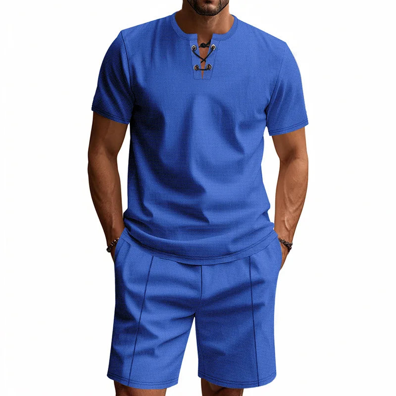 Riolio 2025 Summer Simplicity Men's Suit Loose Walf Checks Fabric Breathable Comfort and Casual Short Sleeve Shorts Two-Piece Suit