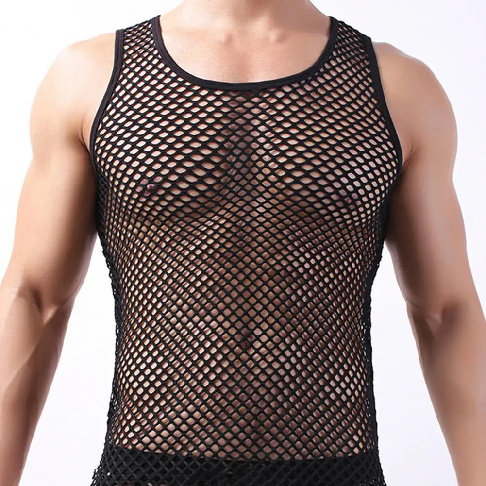 Riolio Men Sexy Mesh Tank Tops Transparent Sleep Tops Male Underwear Pure Color Vest Sleeveless Tops Underwear Male Undershirt
