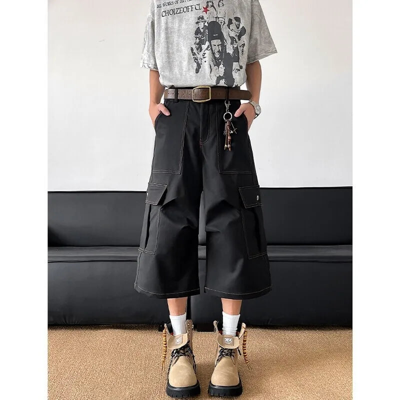 Riolio Summer Casual Pants Men Retro Pocket Cargo Pants Men Japanese Streetwear Hip-hop Loose Wide Leg Pants Mens Cropped Trousers