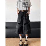 Riolio Summer Casual Pants Men Retro Pocket Cargo Pants Men Japanese Streetwear Hip-hop Loose Wide Leg Pants Mens Cropped Trousers