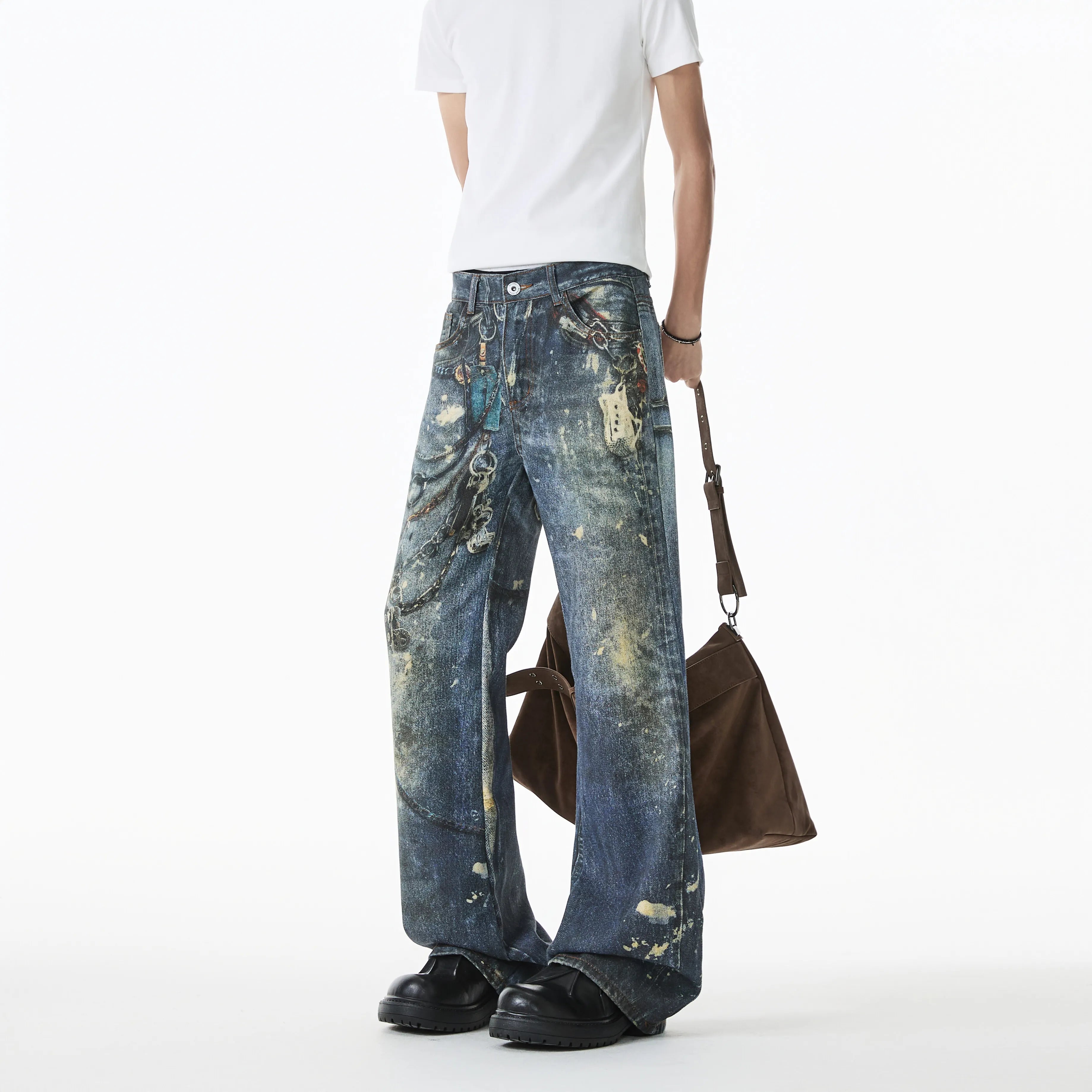 Riolio Jean Men Unique Design Graffiti Street Style Drag Jeans Urban Trendy Fashion Distressed Long Fit Casual Denim Pants Edgy Hip Hop
