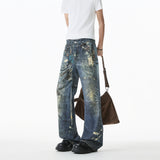 Riolio Jean Men Unique Design Graffiti Street Style Drag Jeans Urban Trendy Fashion Distressed Long Fit Casual Denim Pants Edgy Hip Hop