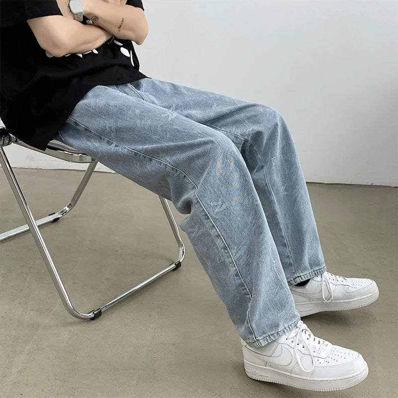 Riolio Jeans Men Design Print Mid Waist Oversize Baggy Jean Streetwear Zipper Fly Straight Denim Trousers Hip Hop Retro Teens Men