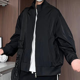 Riolio Black Mens Stand Collar Loose Fit Outdoor Spring Biker Jacket Casual Windbreaker Motorcycle Streetwear Trendy Daily Wear Coat