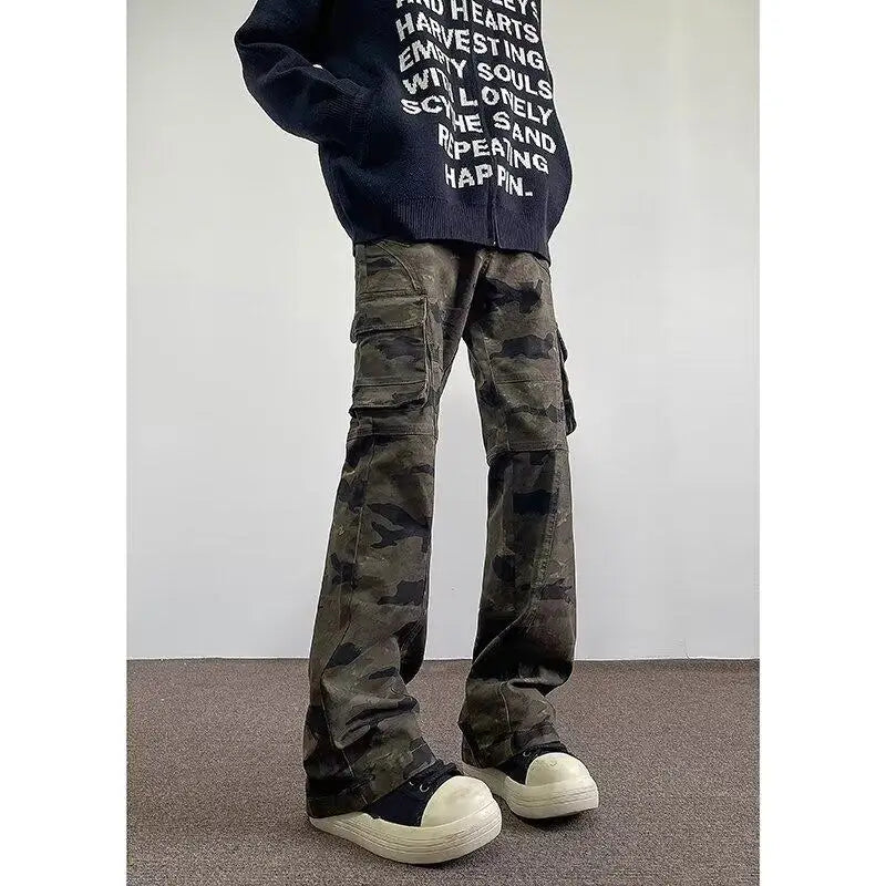 Riolio Jeans Men camouflage Cargo Pants Patchwork Multi Pockets Denim Hombre Fashion Casual Streetwear Trousers bell-bottoms