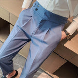 Riolio British Style Men High Waist Casual Dress Pant Men Belt Design Slim Trousers Formal Office Social Wedding Party Dress Suit Pants